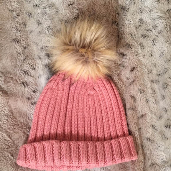 J. Crew Pink and Cream Ribbed Knit Hat with Faux Fur Pom-Pom - Picture 11 of 11